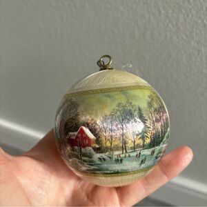Early Winter Currier and Ives Satin Scenice Holiday Ornament with Red House
